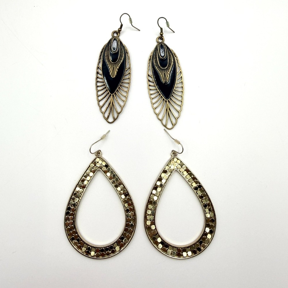 Vintage Gold Tone Dangle Earrings Lot - 2 Pairs Teardrop Filigree Enamel